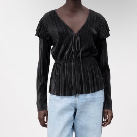Zara Large Pleated Ruffled Blouse Black V Neck Tie Long Sleeve Top Romantic - Picture 7 of 11